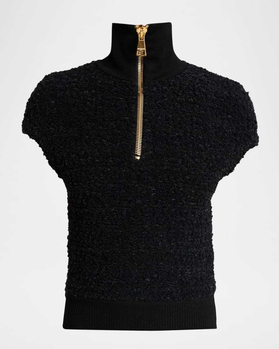Short-Sleeve Textured Wool Zip Top